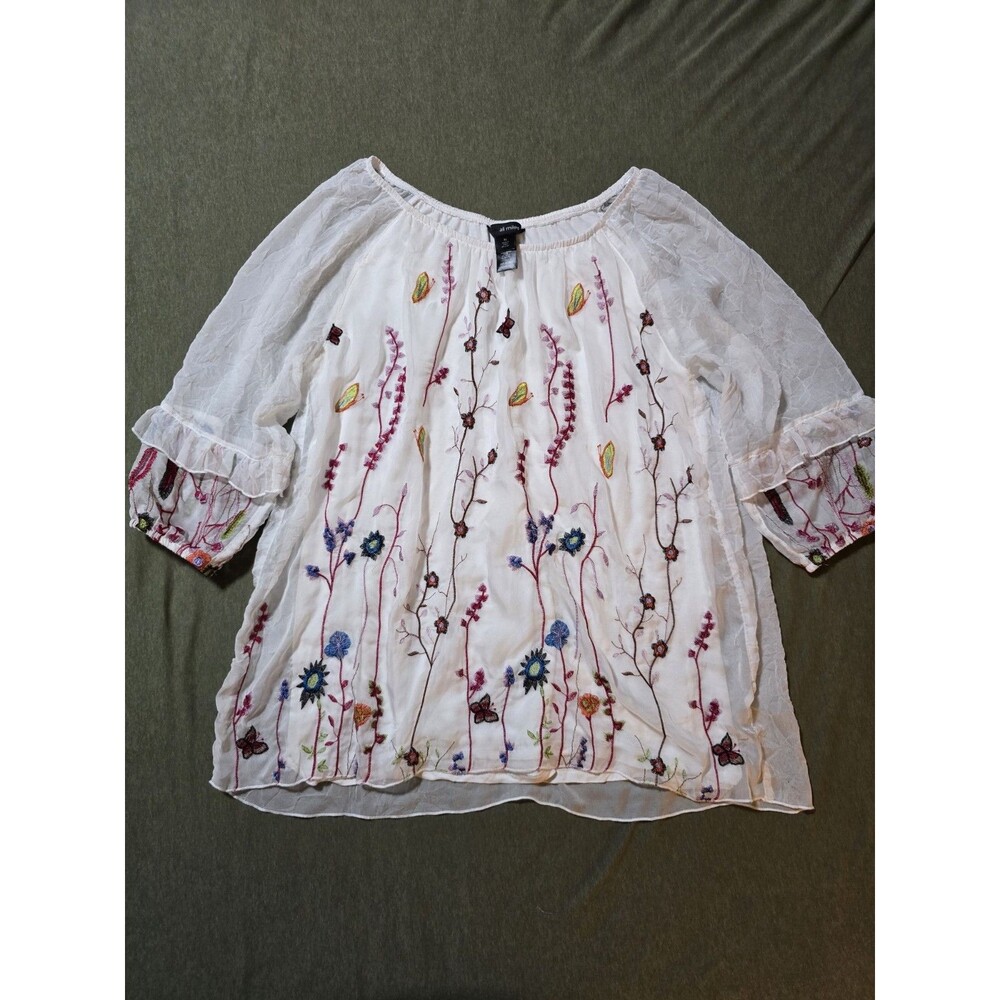 Ali Miles Boho Floral Embroidered Peasant Blouse Size XL Fairy Cottage Core EUC